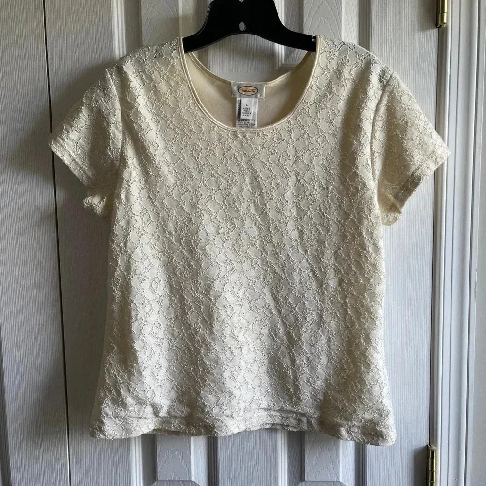 Vintage Talbots Butter Yellow Lace Overlay Short Sleeve Shirt Size Large
